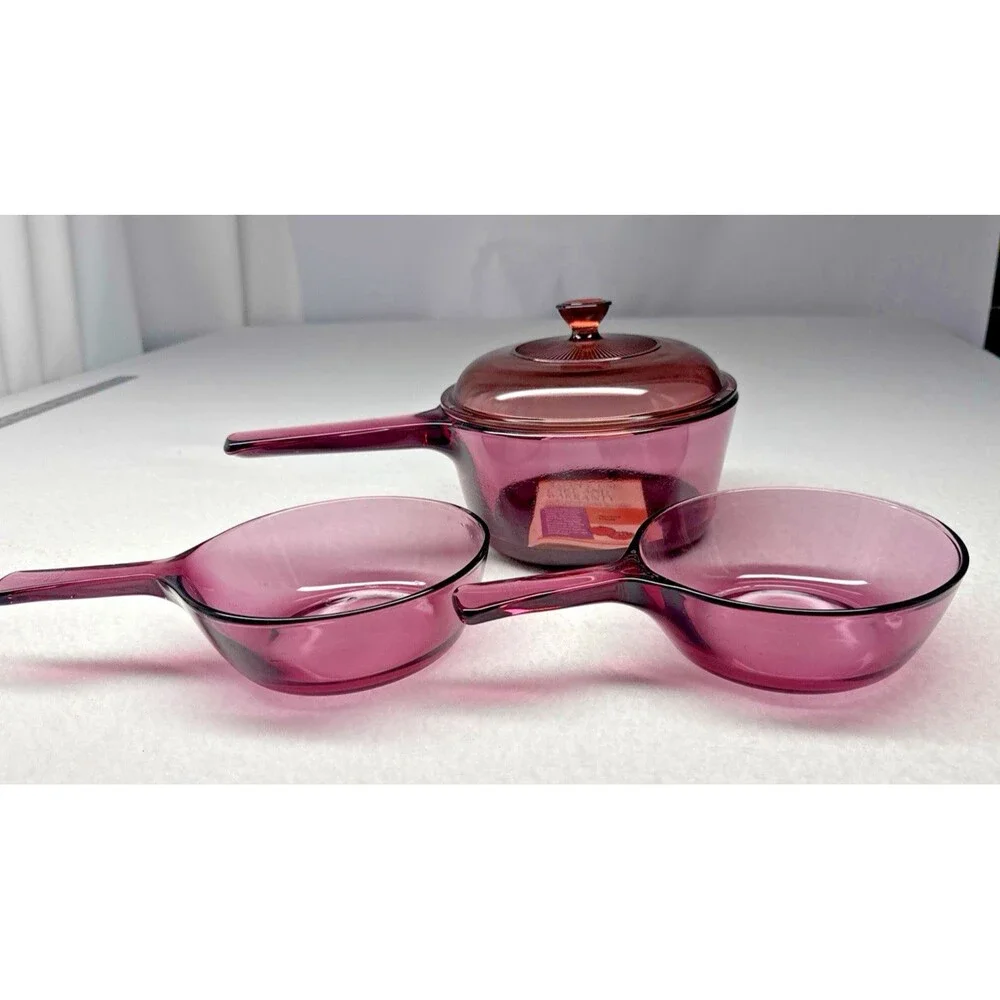 Corning Visions Cranberry Glass Cookware Set 1.5L Dutch Oven Lid 2 0.5L Saucepan